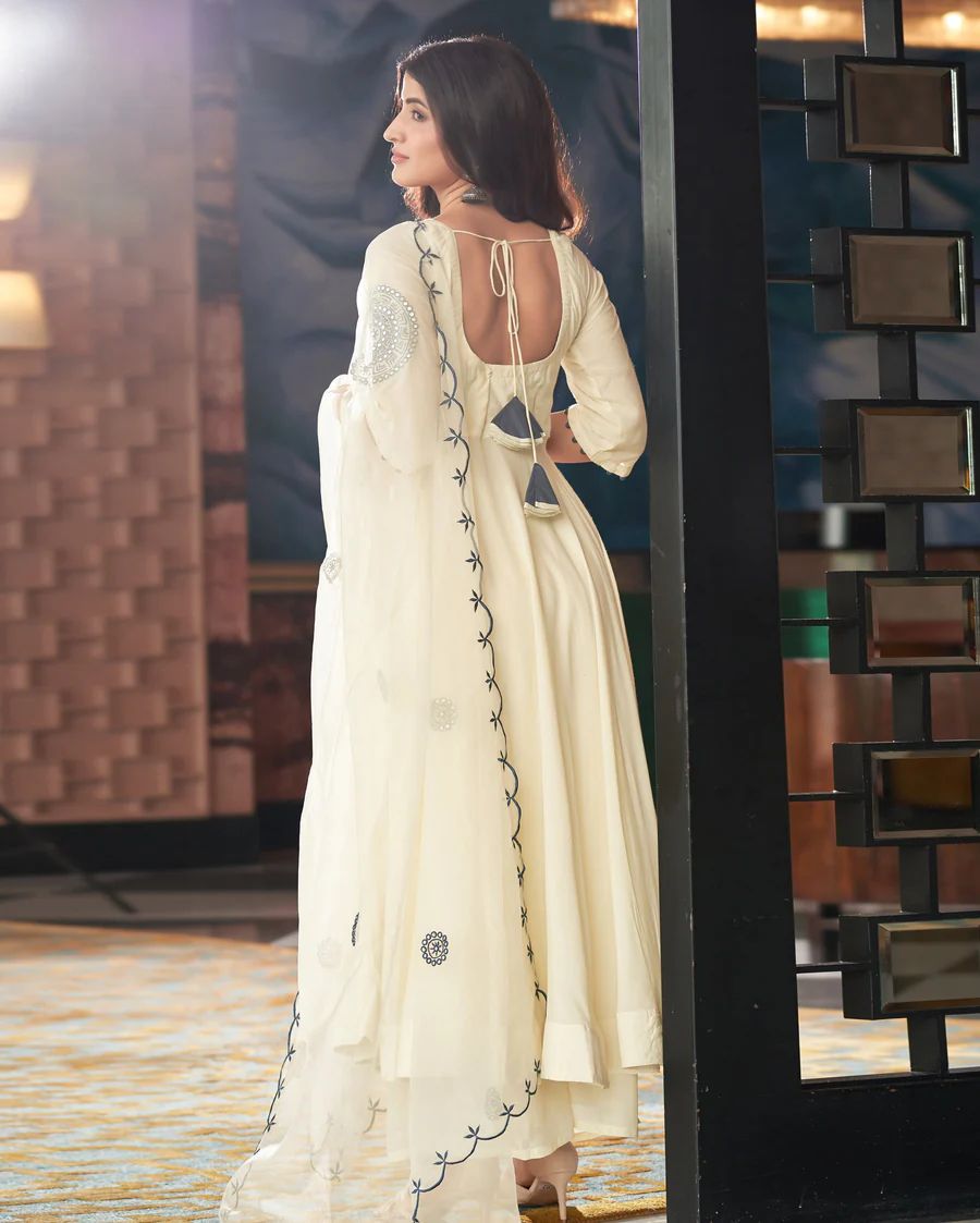 Georgette anarkali embroidery work butta with real mirror work , huge flair, anarkali length 49+ Sc :63 shaja