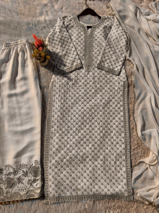DESIRABLE FANCY FAUX GEORGETTE WITH SEQUENCE EMBROIDERED AND 1700+ORIGINAL MOTTI HANDMADE WORK TOP AND PENT WITH DUPATTA  CODE :-  LG-1922 shaja