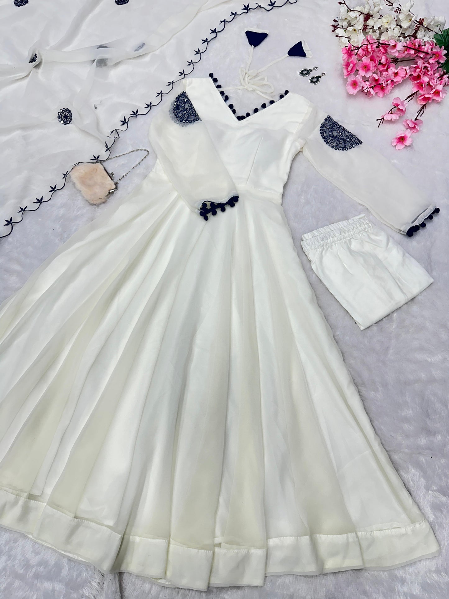 Georgette anarkali embroidery work butta with real mirror work ,  huge flair, anarkali length 49+  Sc :63 shaja